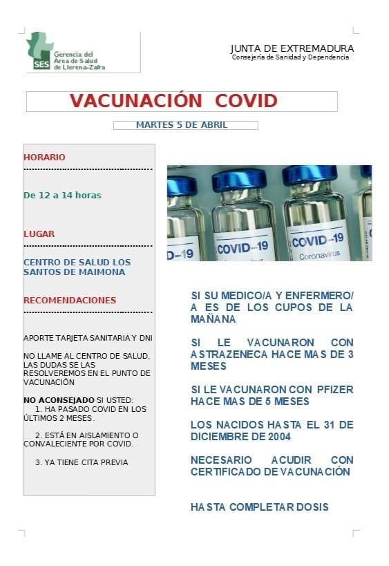 Vacunación Covid en el Centro de Salud de Los Santos para nacidos hasta 2004