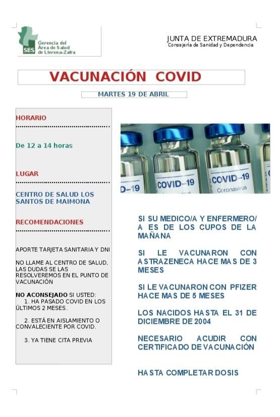Vacunación Covid en el Centro de Salud el próximo martes 19
