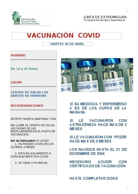 Nueva vacunación Covid en el Centro de Salud para nacidos hasta 2004