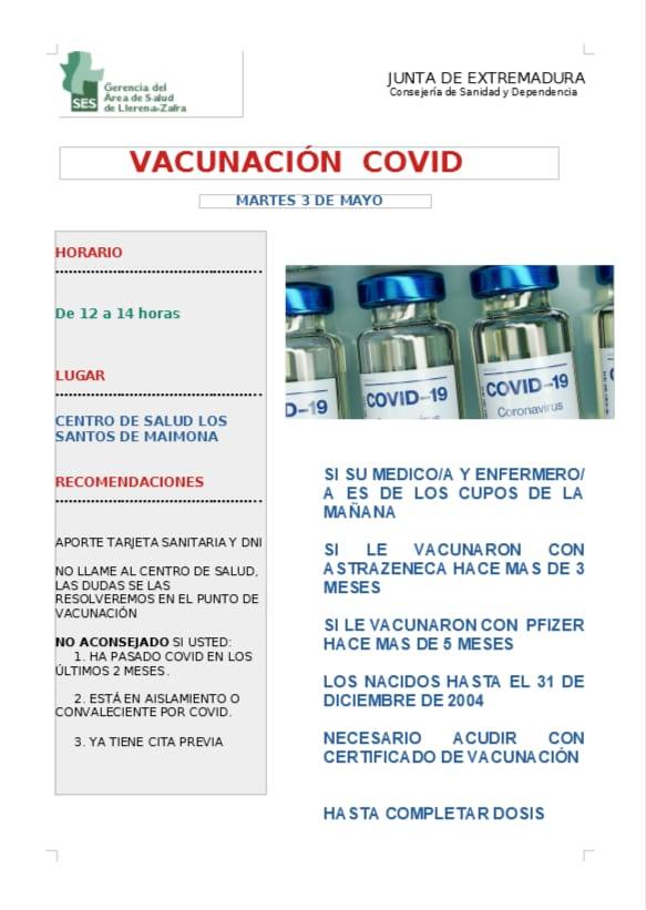Vacunación Covid en el Centro de Salud de Los Santos el martes 3 de mayo