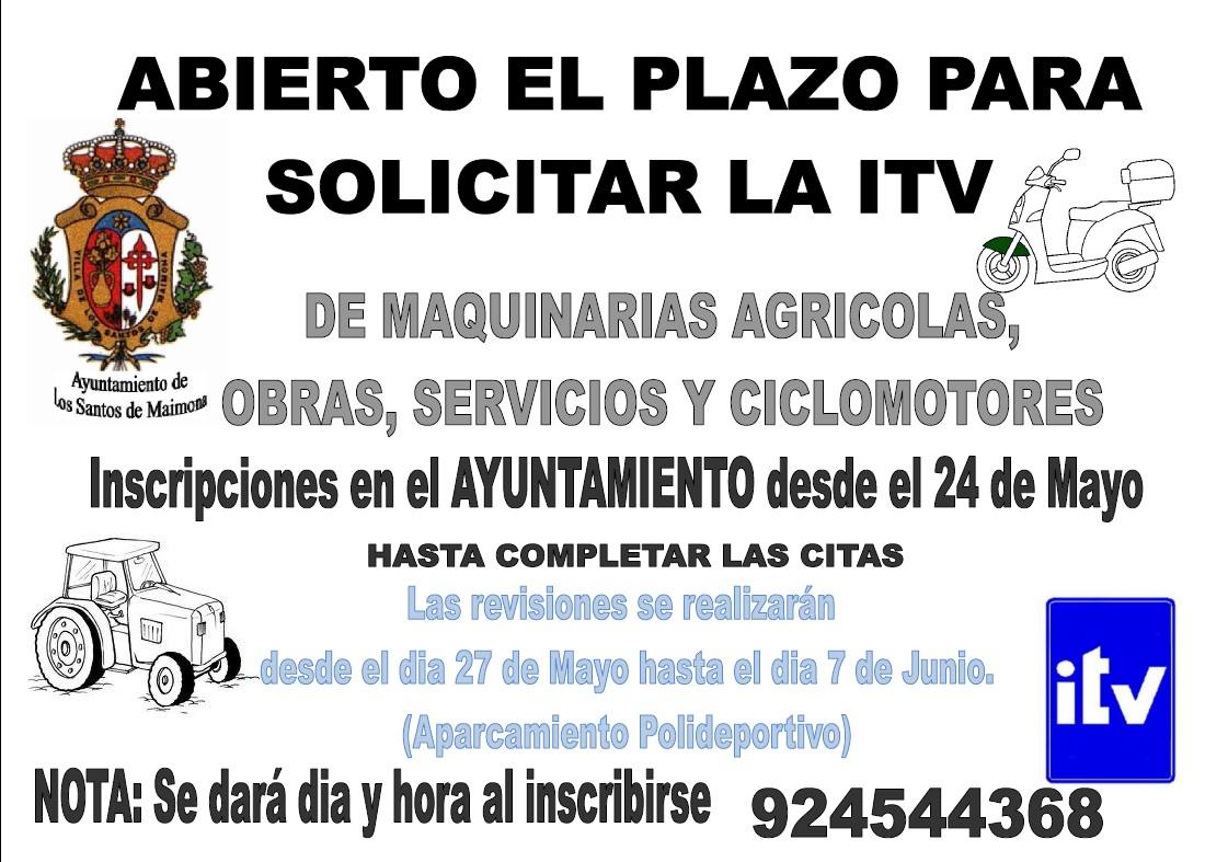 Este martes 24 de mayo se vuelve a abrir el plazo en el ayuntamiento para solicitar cita para la ITV para maquinarias agrícolas, de obras y servicios y ciclomotores