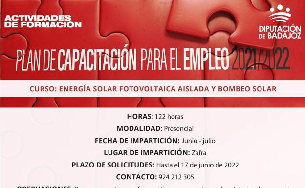 Nueva acción formativa presencial en ''Energía solar fotovoltaica aislada y bombeo solar'' en Zafra