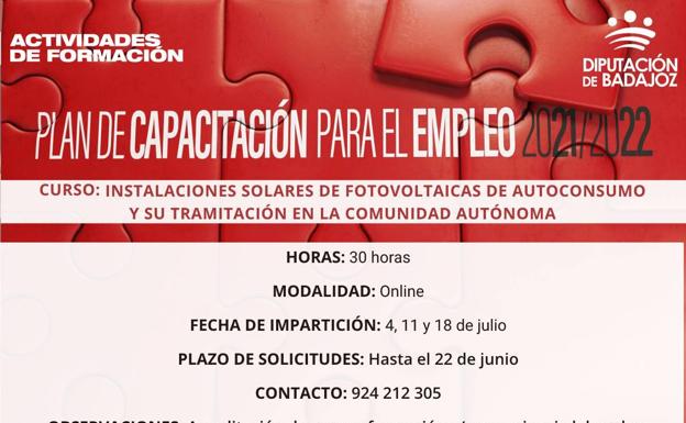 La Diputación de Badajoz inicia una formación online en ''Instalaciones solares de fotovoltaicas de autoconsumo»