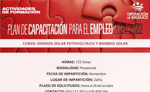 La Diputación de Badajoz abre el plazo de solicitudes para la acción formativa de ''Energía solar fotovoltaica aislada y bombeo solar''
