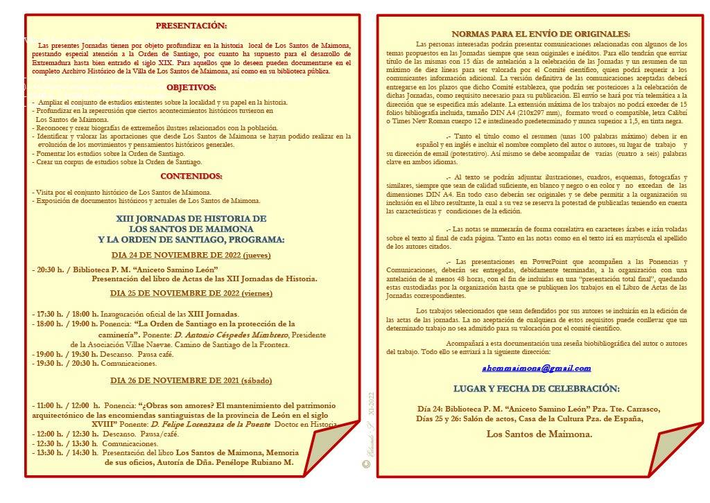 Las XIII Jornadas de Historias de Los Santos de Maimona se celebrarán del 24 al 26 de noviembre