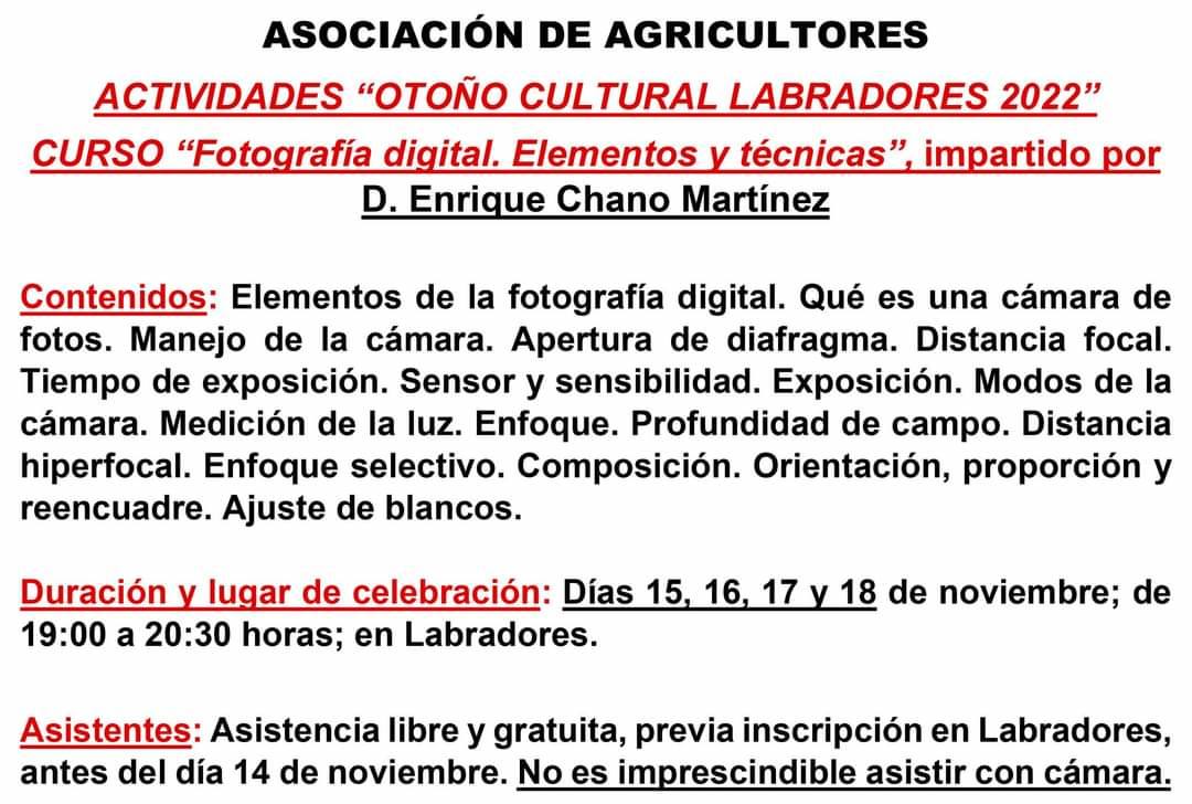 Los días 15, 16, 17 y 18 de noviembre se impartirá el curso de 'fotografía digital. Elementos y técnicas' en Labradores