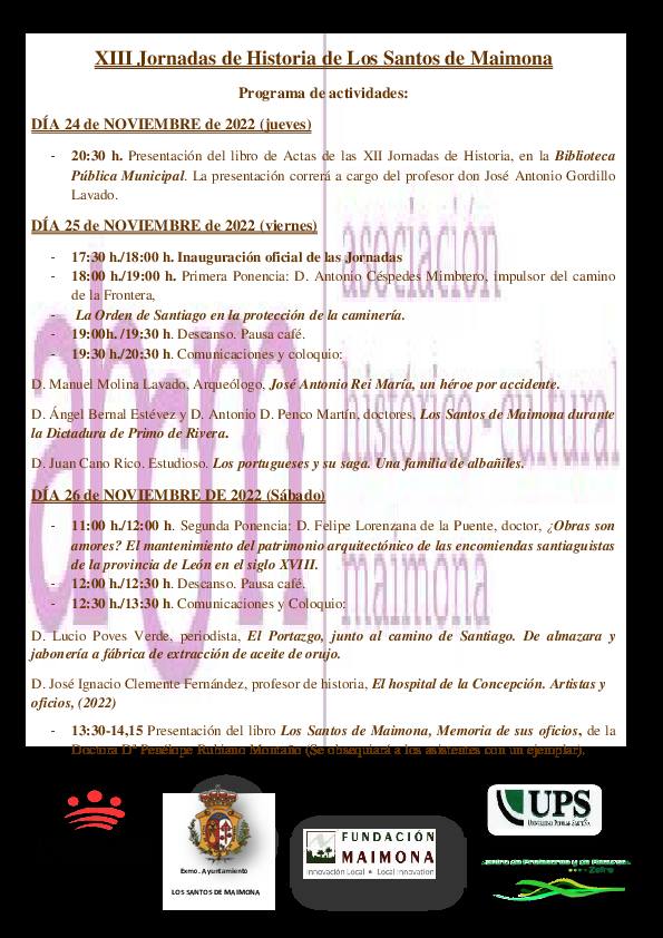 Las XIII Jornadas de Historia de Los Santos de Maimona se celebrarán del 24 al 26 de noviembre