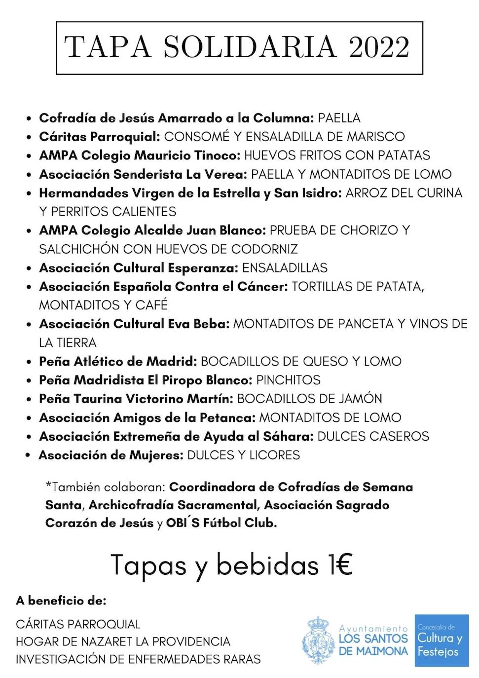 Ya está todo listo para la Tapa Solidaria, con el menú de cada participante