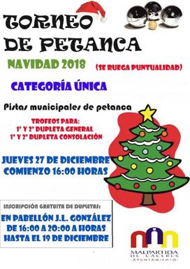 El Torneo de Petanca Navidad 2018 de Malpartida de Cáceres se celebrará el 27 de diciembre