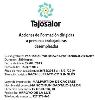Abierto el plazo de inscripción para el curso Promoción Turística e Información al Visitante de la Mancomunidad Tajo-Salor