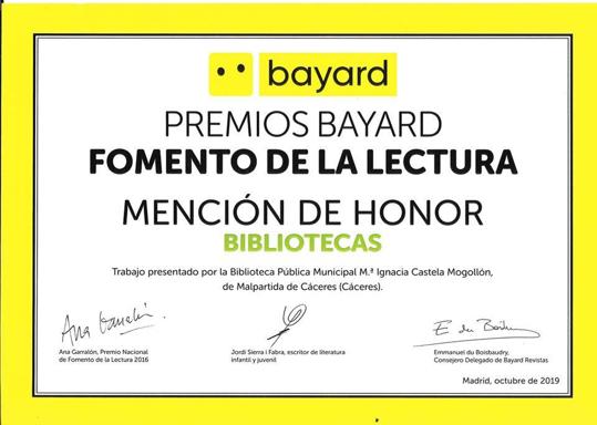 Mención de honor para la biblioteca de Malpartida de Cáceres en los premios Bayard