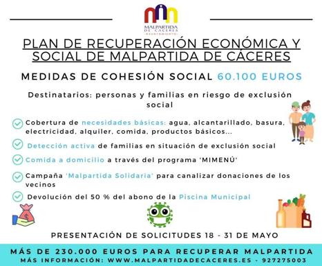 Más de 60.000 euros dotarán el fondo de Cohesión Social del Plan de Recuperación Económica y Social de Malpartida de Cáceres