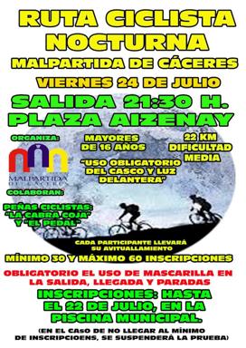 El 24 de julio se celebra la Ruta Ciclista Nocturna de Malpartida de Cáceres