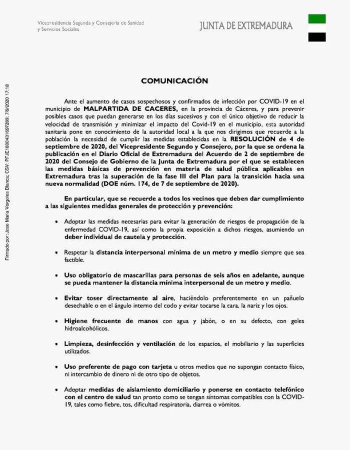 El Ayuntamiento recuerda las medidas de prevención tras el aumento de casos por Covid en la localidad