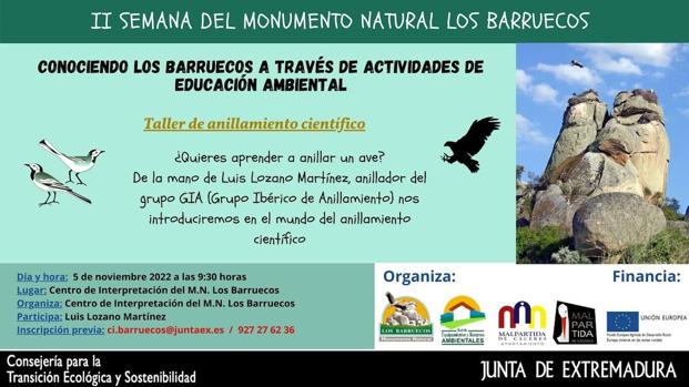 Un taller de anillamiento científico inaugurará la II Semana del Monumento Natural Los Barruecos