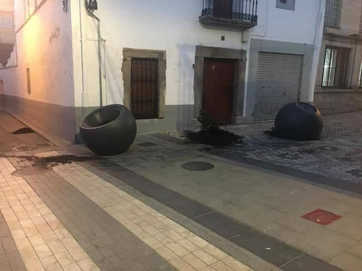 Miajadas amanece con maceteros volcados y plantas arrancadas
