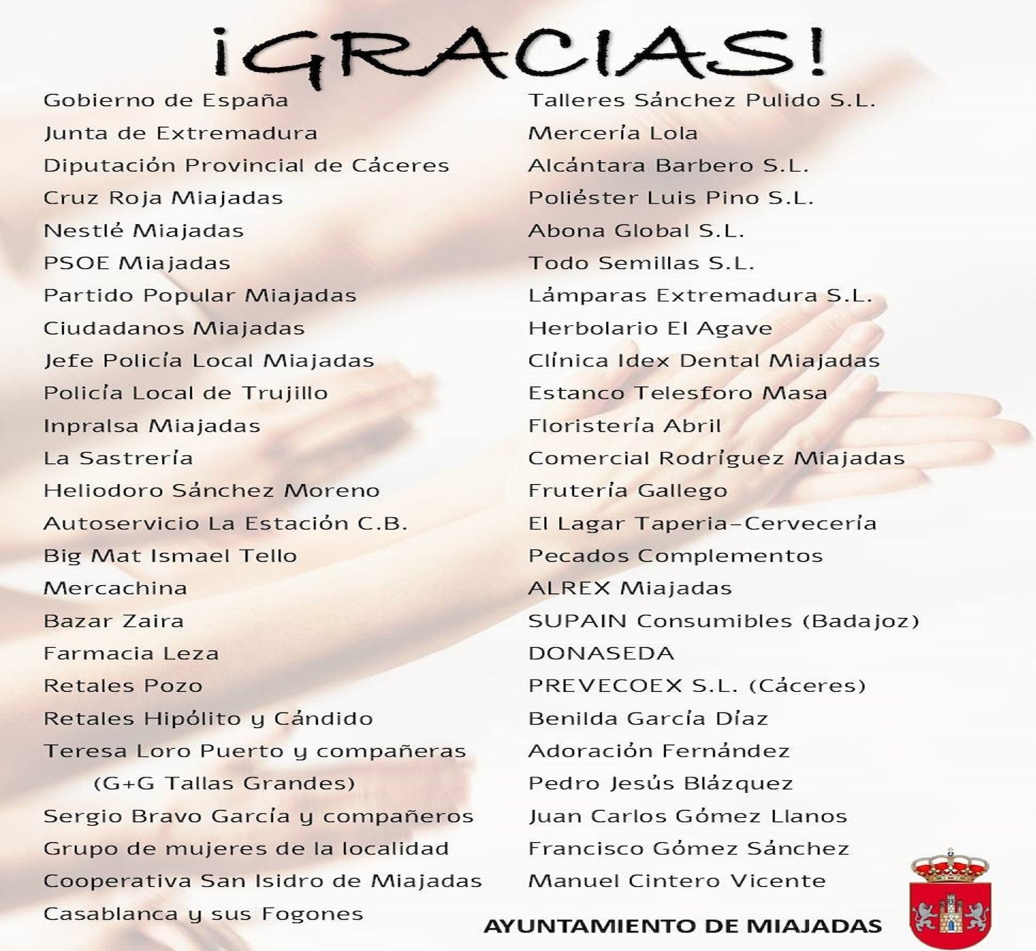 El Ayuntamiento de Miajadas hace extensivos sus agradecimientos