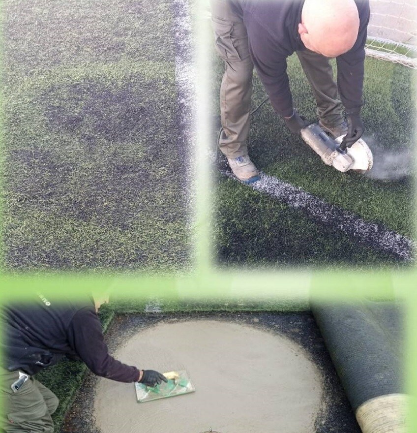 Obras de reparación del césped artificial del campo de fútbol de Miajadas