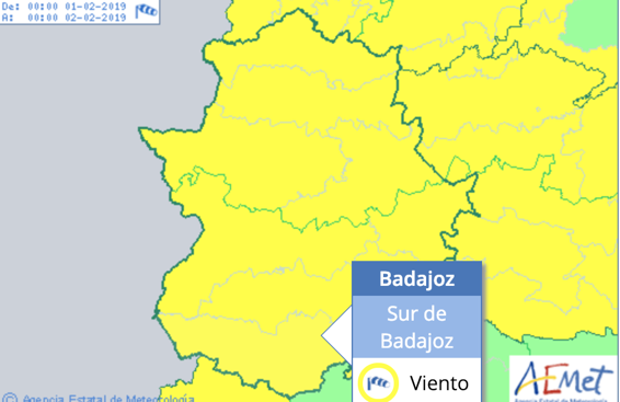 Aviso de nivel amarillo por viento este viernes en toda Extremadura