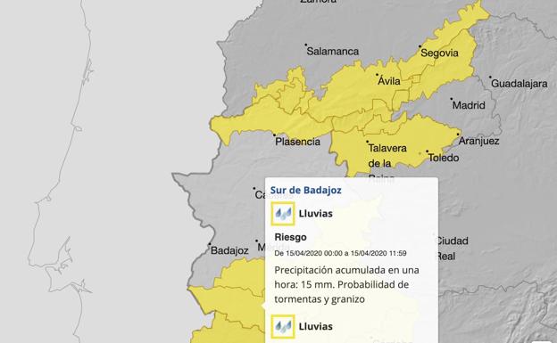 La Aemet activa avisos amarillos por lluvia para mañana en el sur de Badajoz
