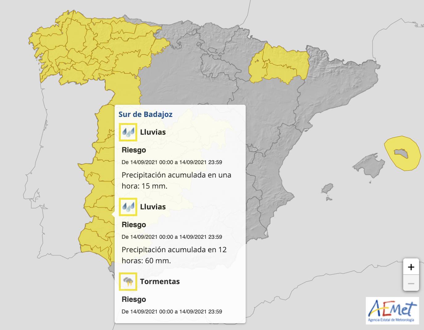 Monesterio está este martes en alerta amarilla por lluvias y tormentas