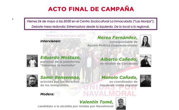 Unidas por Navalmoral cerrará la campaña con una mesa redonda sobre la izquierda en Extremadura