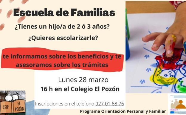 La Escuela de Familias abordará el lunes la escolarización a los 2 o 3 años