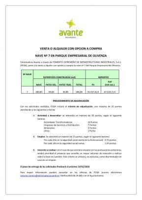 Extremadura Avante pone en venta o alquiler con opción a compra la nave Nº 7 del polígono industrial Rampallas de Olivenza
