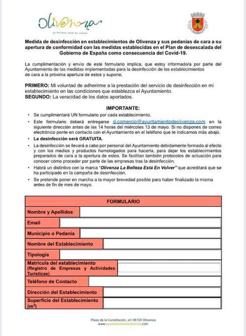 El Ayuntamiento desinfectará establecimientos públicos de Olivenza y pedanías para facilitar su reapertura comercial