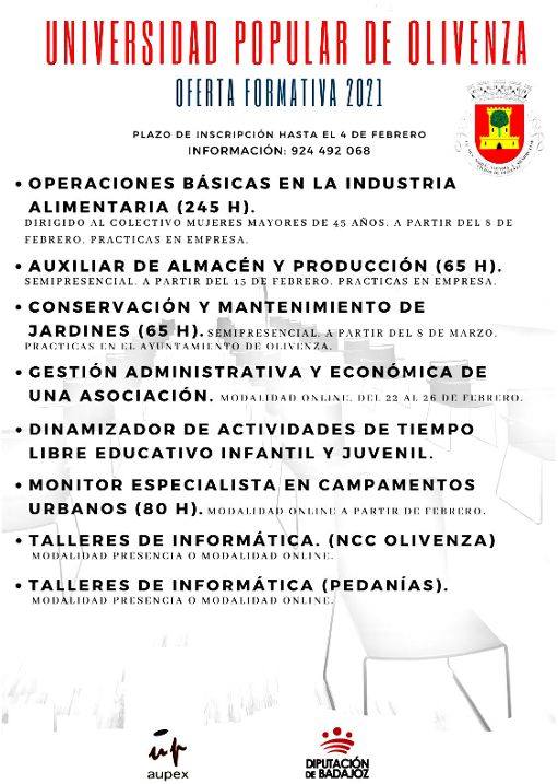 En marcha la oferta formativa de la Universidad Popular de Olivenza en 2021