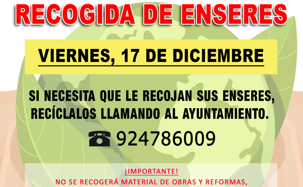 Nuevo servicio de recogida de enseres en la localidad este viernes, 17 de diciembre