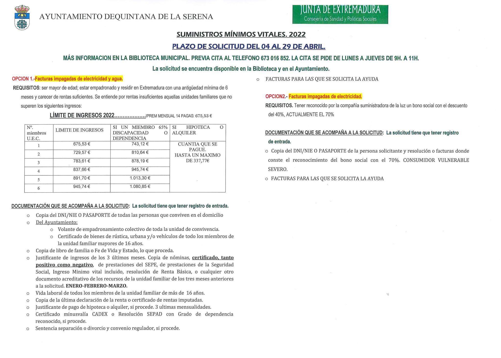 Abierto el plazo para solicitar los suministros mínimos vitales