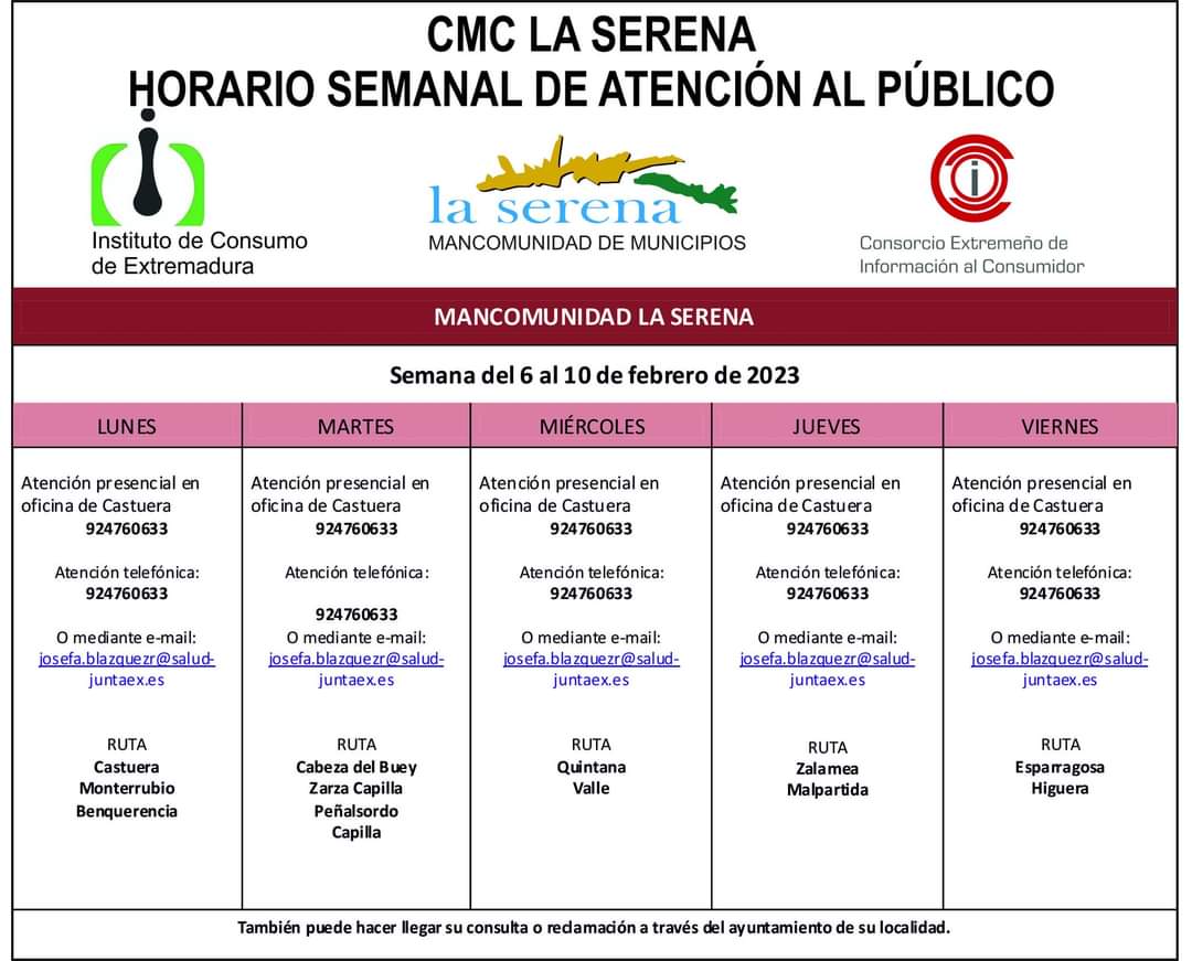 Horario semanal de Atención al público de CMC La Serena