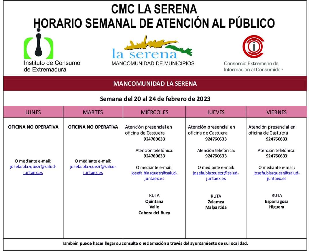 Horario semanal de Atención al público de CMC La Serena