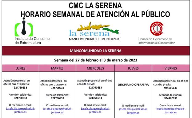 Horario semanal de Atención al público de CMC La Serena