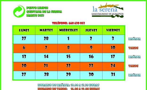 Horario del punto limpio para el mes de marzo
