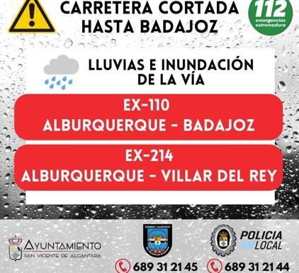 Las lluvias por la borrasca Efraín cortan la carretera que une la localidad con Badajoz