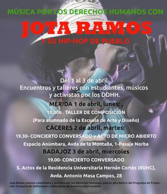 El músico colombiano y activista por los DDHH Jota Ramos iniciará el próximo lunes una gira por Extremadura