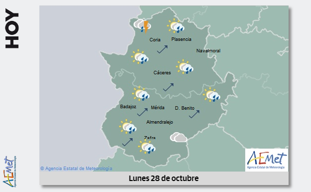 El lunes llega con lluvia y bajada de temperaturas en Extremadura