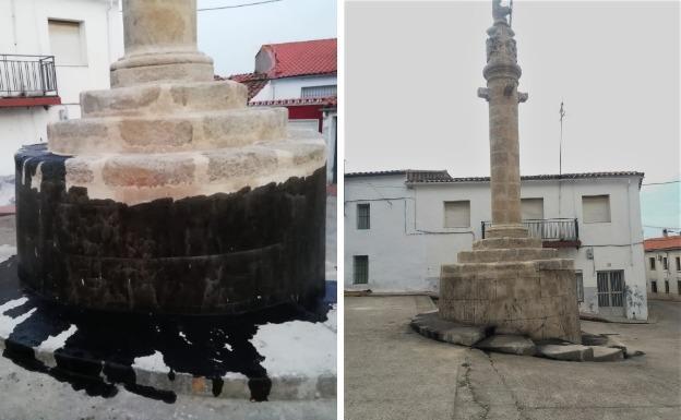 Manchan con aceite la picota de Madroñera, monumento del siglo XVI