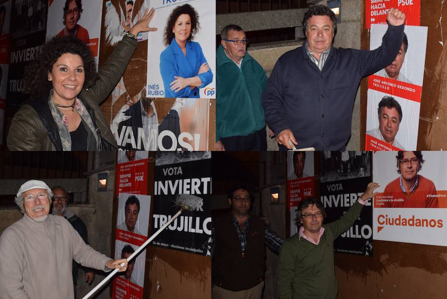 La campaña electoral se inicia con un buen ambiente con la presencia de cuatro candidatos en la pega de carteles en la plaza Mayor