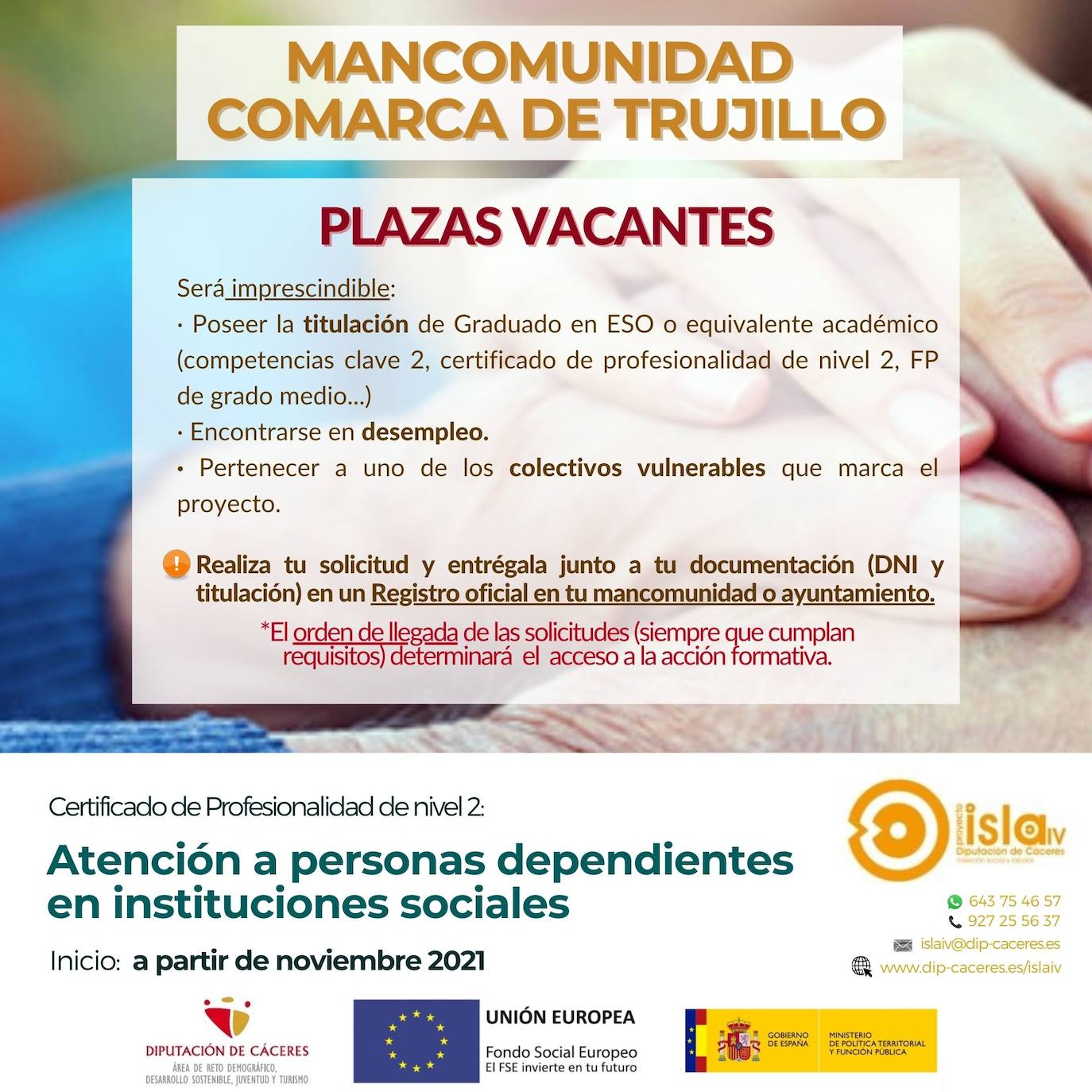 Nuevo plazo de solicitudes para el curso atención sociosanitaria a personas dependientes en instituciones sociales