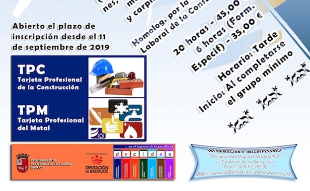 La Universidad Popular de Villafranca oferta varios cursos de prevención de riesgos laborales