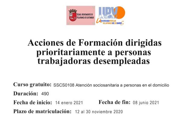 La Universidad Popular oferta el curso gratuito de Atención Sociosanitaria a personas en el domicilio