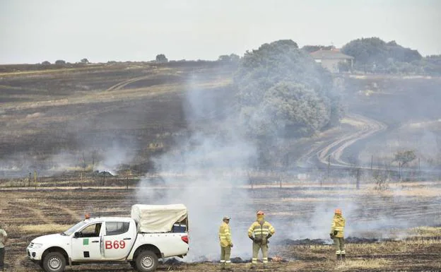 Desalojan una docena de parcelas en la urbanización Campomanes de Badajoz por un incendio de pastos