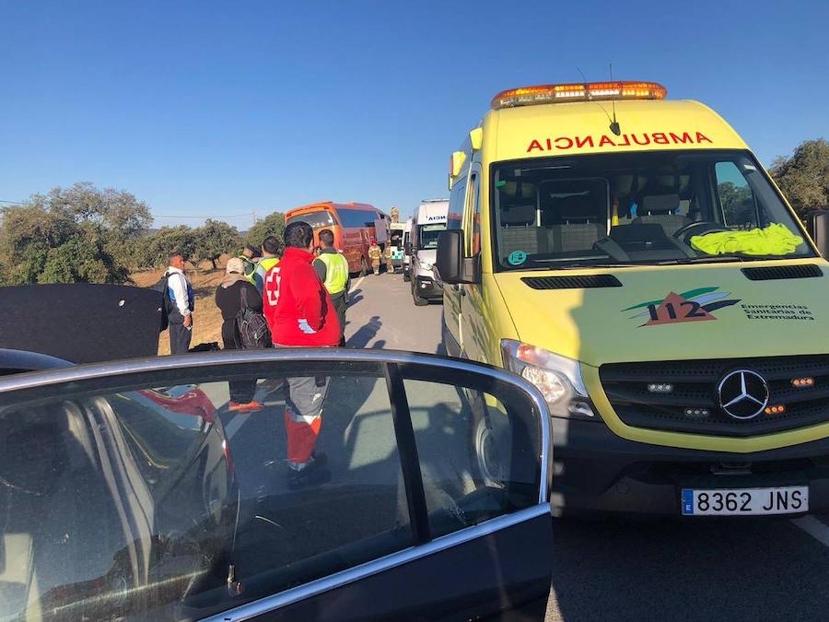 El autobús implicado en el accidente registrado cerca de Membrío ha quedado parado en el terraplén junto al arcén
