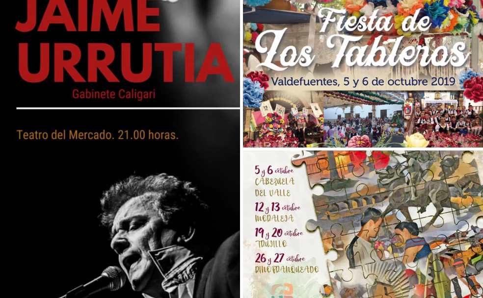 Cartel del concierto de Jaime Urrutia en Navalmoral, de la Fiesta de los Tableros en Valdefuentes y del programa 'Cultura crea Turismo', que este fin de semana hace parada en Cabezuela del Valle.