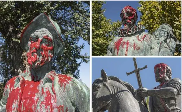 Las estatuas de tres conquistadores extremeños, dañadas con pintura roja