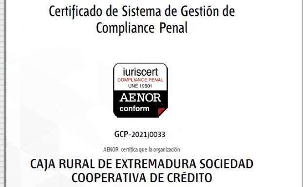 Caja Rural de Extremadura recibe el certificado AENOR