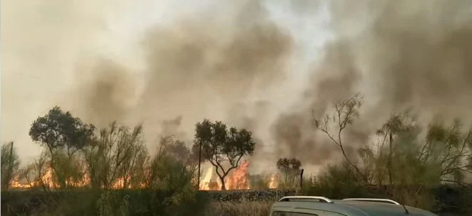 Imagen del incendio declarado este sábado en Santiago de Alcántara. 